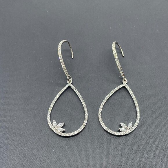 SH Pave Rhinestone Teardrop Dangle Earrings Silver Tone Hook Closure - Picture 2 of 6